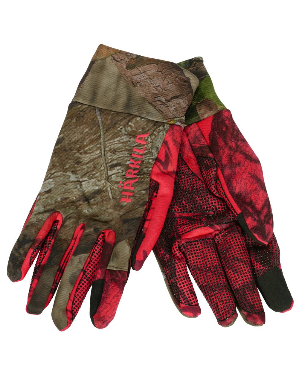 Mossy Oak Break Up Country Mossy Oak Red Coloured Harkila Moose Hunter 2.0 Fleece Gloves On A White Background