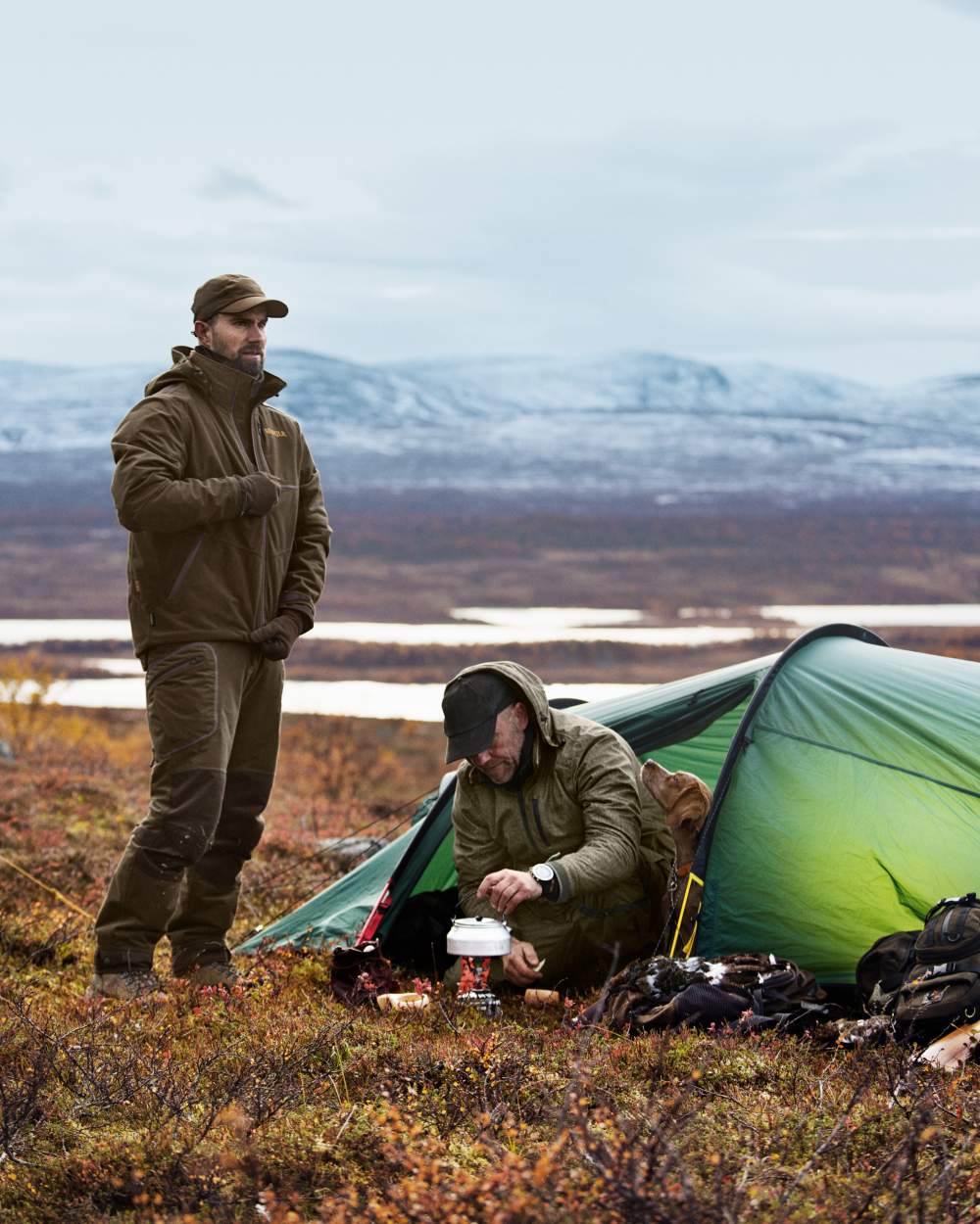 Hunting Green Shadow Brown Coloured Harkila Mountain Hunter Jacket on outdoor background 
