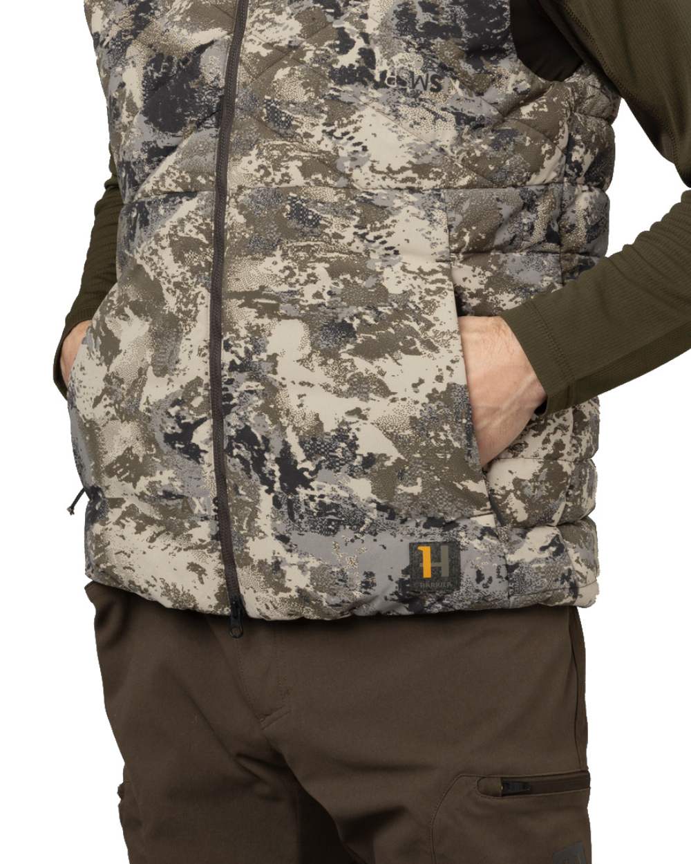 AXIS Mountain Coloured Harkila Camo HSP Insulated Waistcoat on white background 