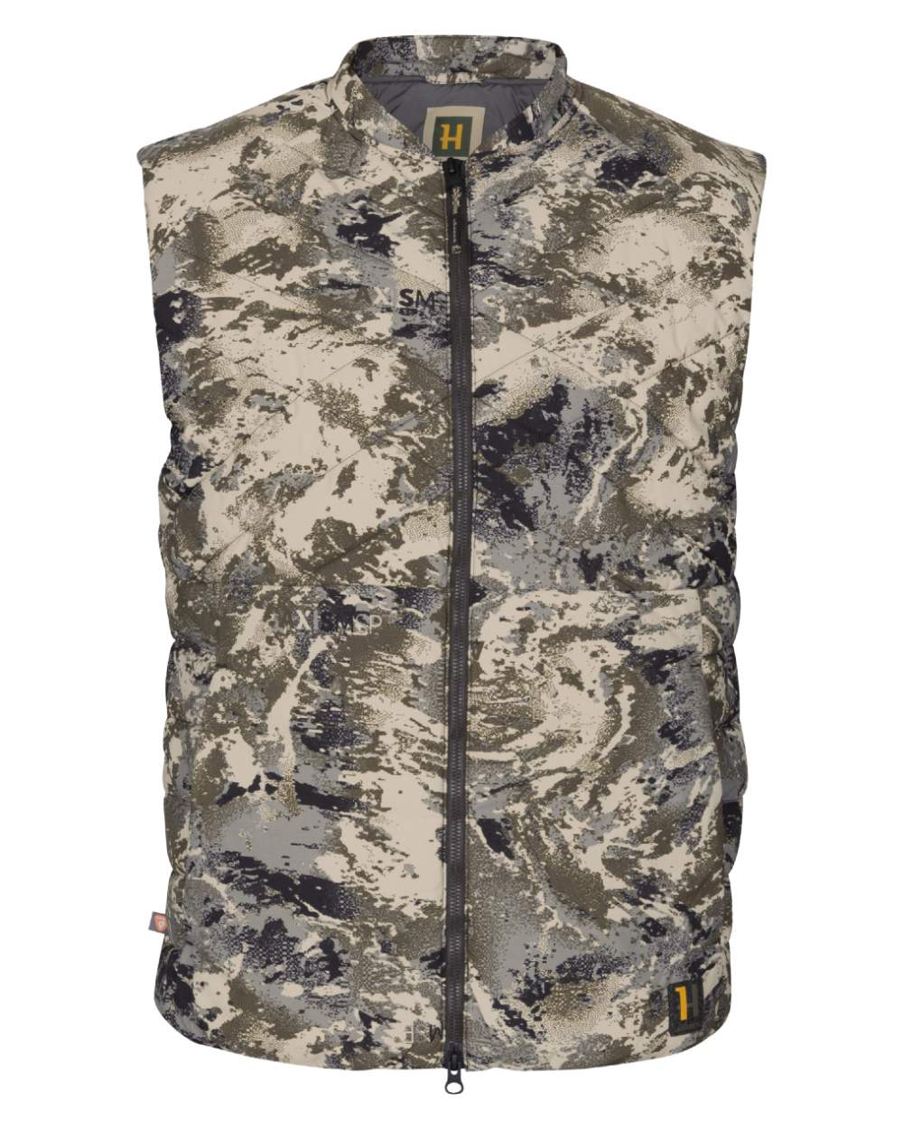 AXIS Mountain Coloured Harkila Camo HSP Insulated Waistcoat on white background 