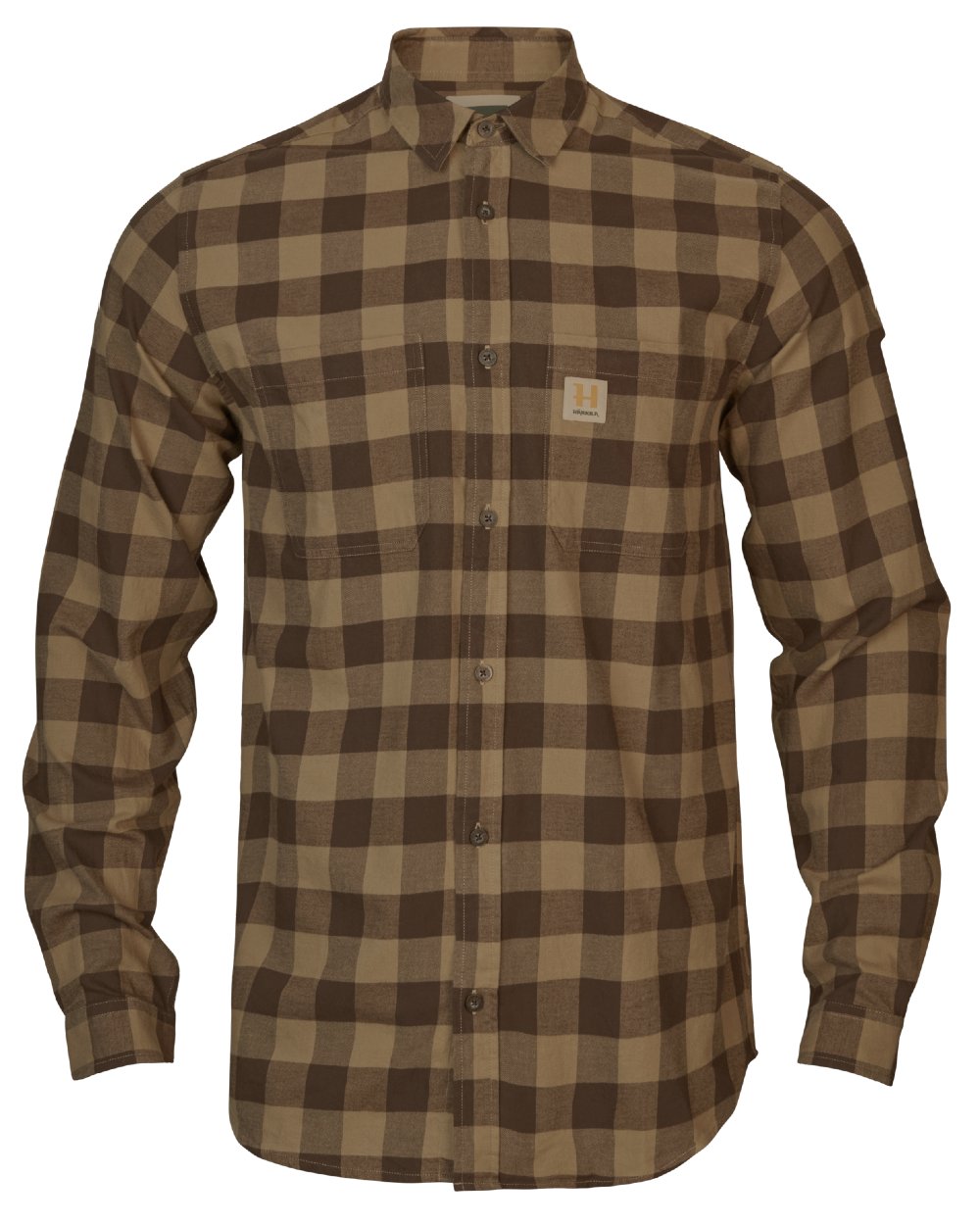 Bronze Antique Check Coloured Harkila Scandinavian Long Sleeve Shirt On A White Background 