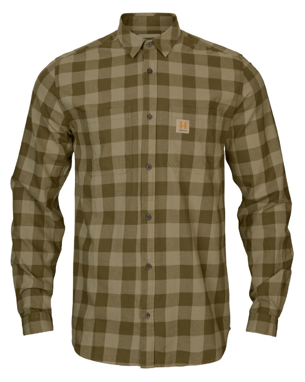 Dark Olive Check Coloured Harkila Scandinavian Long Sleeve Shirt On A White Background 