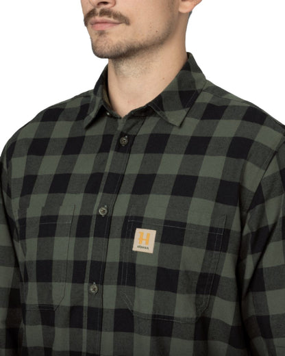 Green Check Coloured Harkila Scandinavian Long Sleeve Shirt On A White Background 