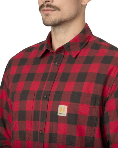 Red Check Coloured Harkila Scandinavian Long Sleeve Shirt On A White Background 