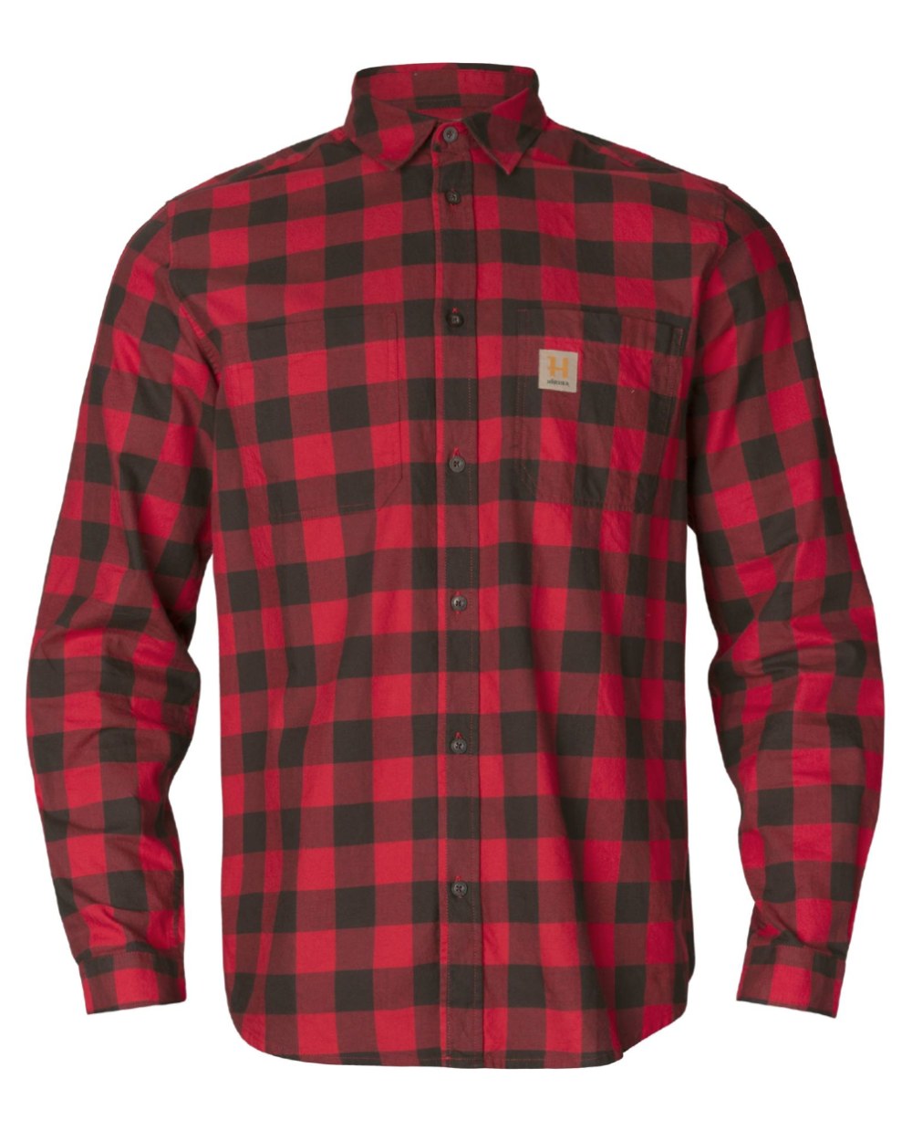 Red Check Coloured Harkila Scandinavian Long Sleeve Shirt On A White Background 