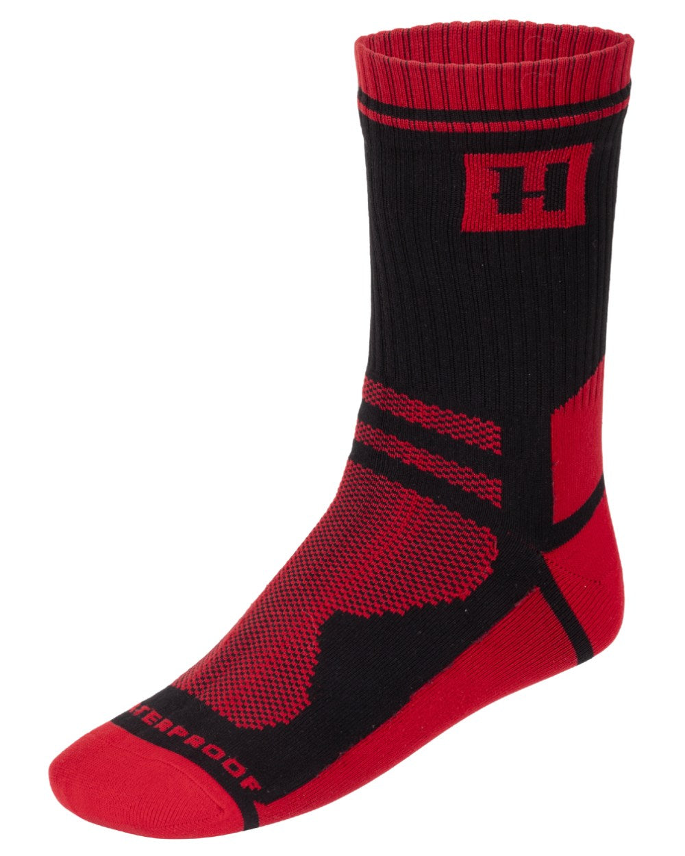 Black Red Coloured Harkila Waterproof Socks On A White Background