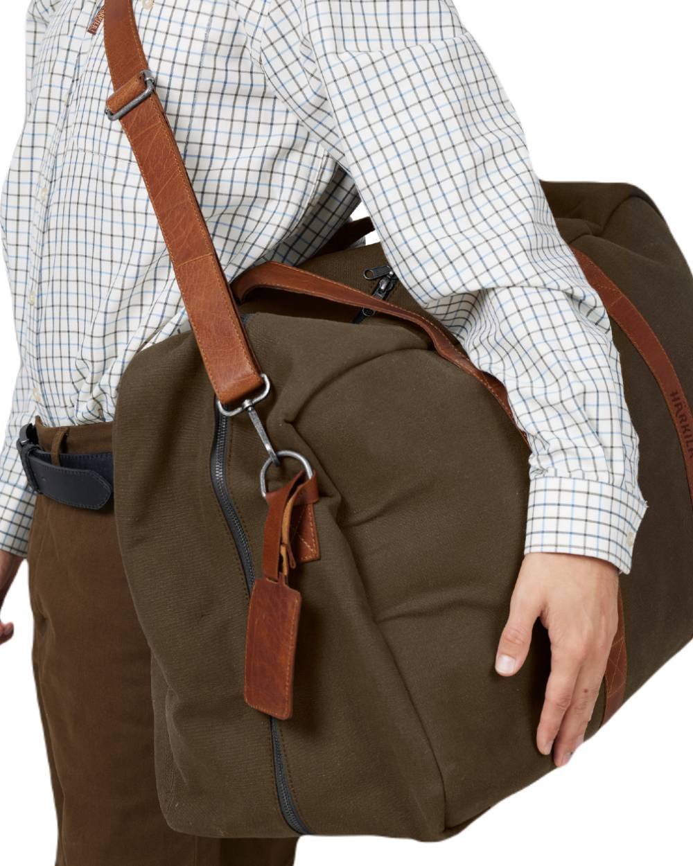 Warm Olive Coloured Harkila Weekend Bag on white background 