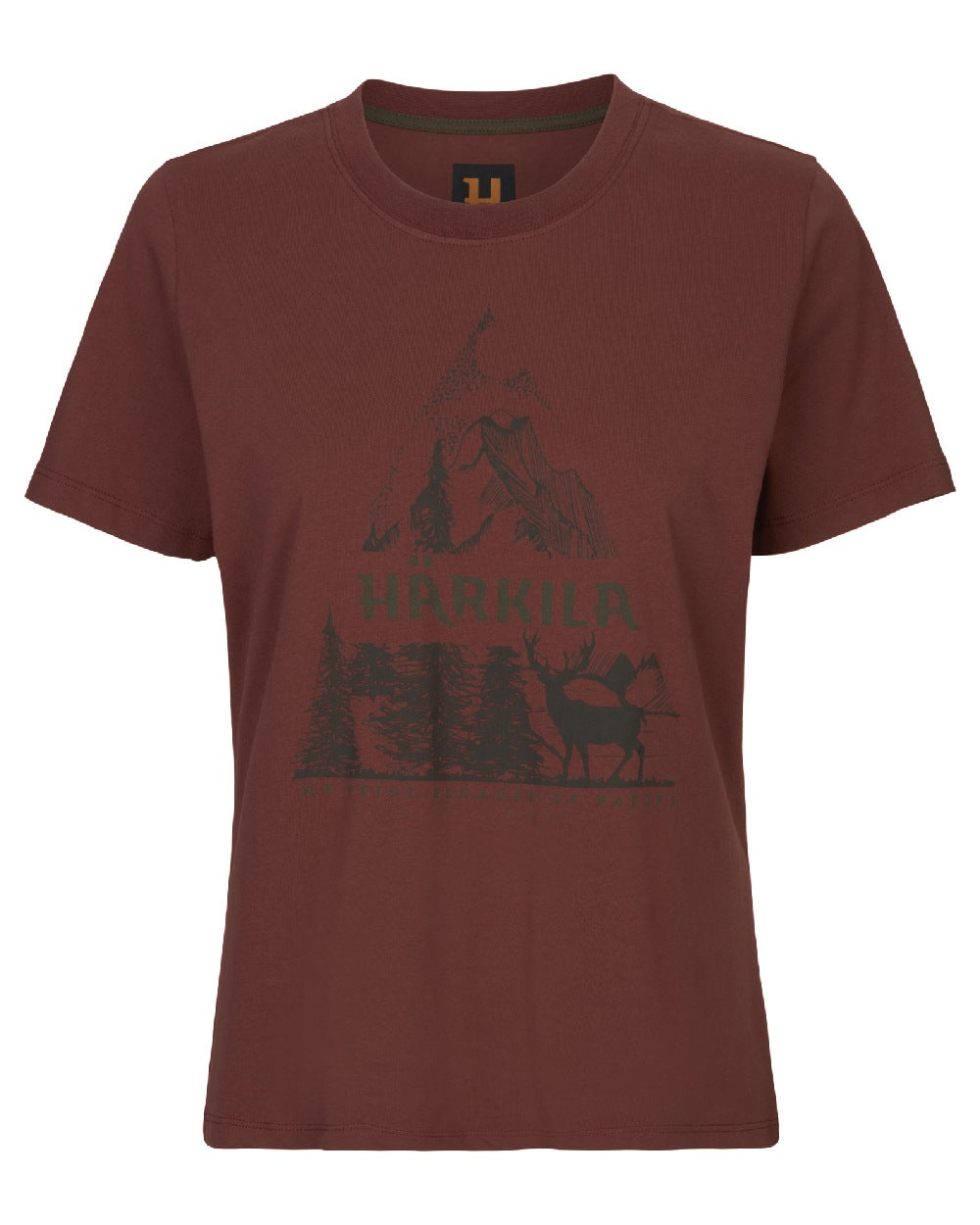 Hot Chocolate Coloured Harkila Womens Nature Short Sleeve T-Shirt on White Background
