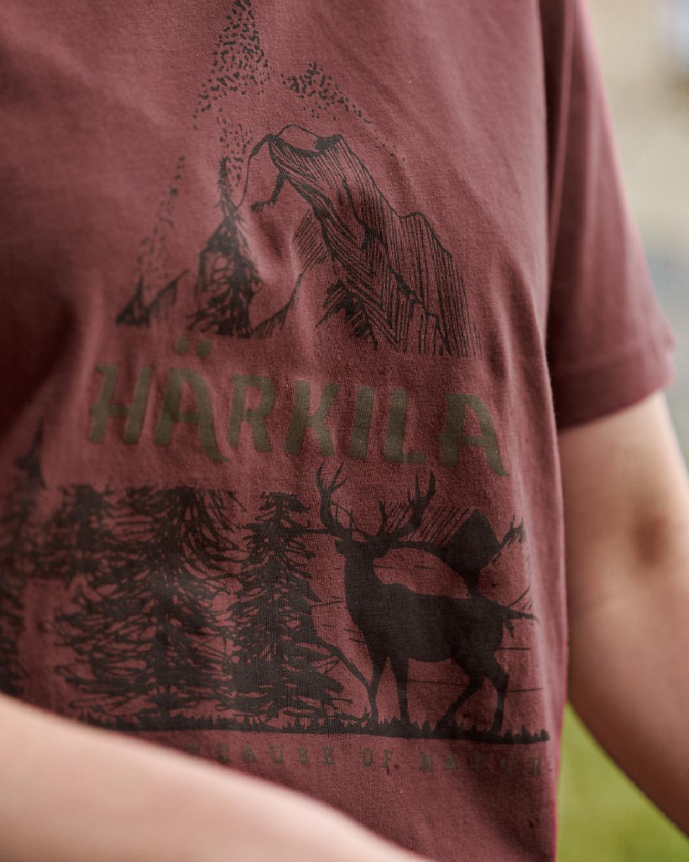 Hot Chocolate Coloured Harkila Womens Nature Short Sleeve T-Shirt on Outdoor Background
