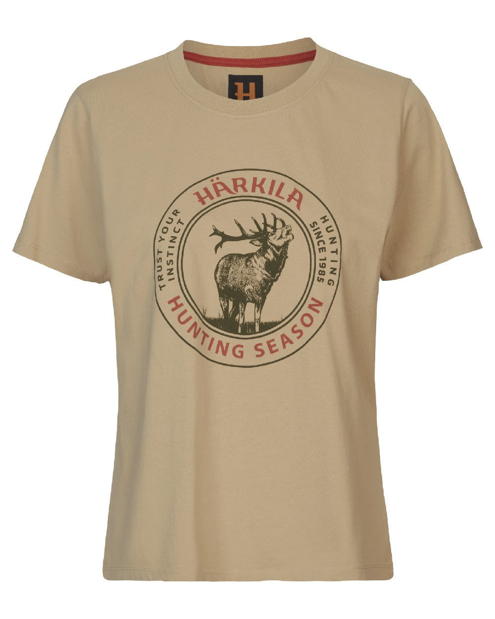 Sand Coloured Harkila Womens Stag Badge Short Sleeve T-Shirt on white background 