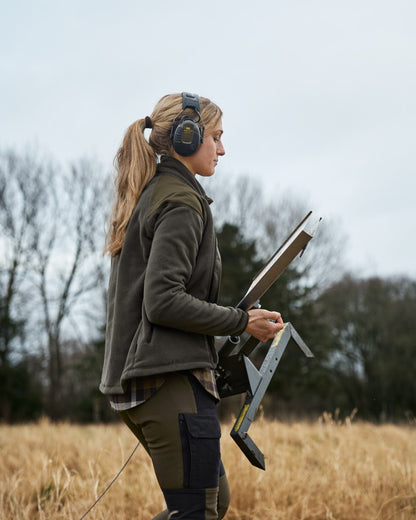 Willow Green Shadow Grey Coloured Harkila Womens Vilja Fleece Jacket On A Forest Background