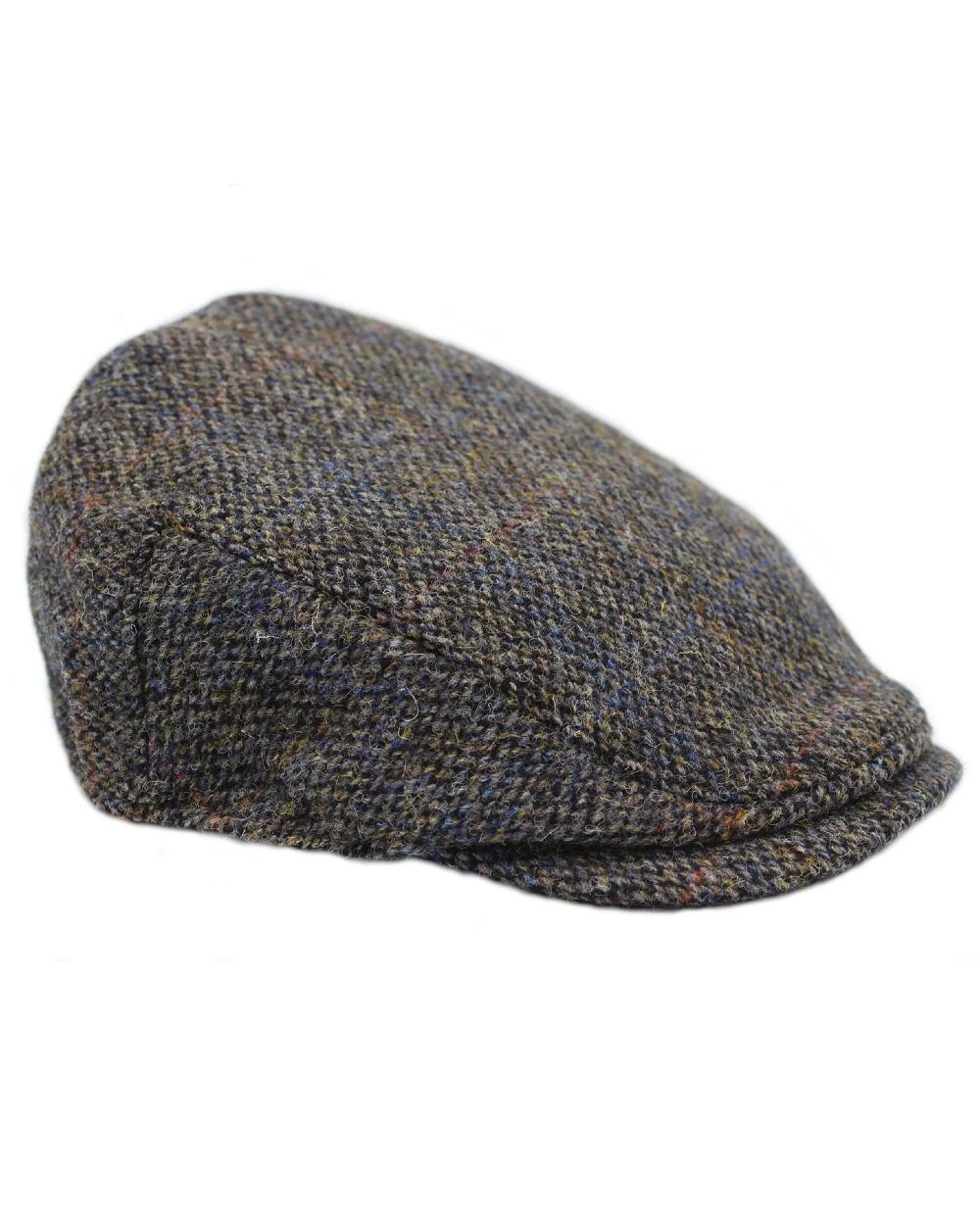 Grey Coloured Heather Highland Harris Tweed Flat Cap On A White Background 