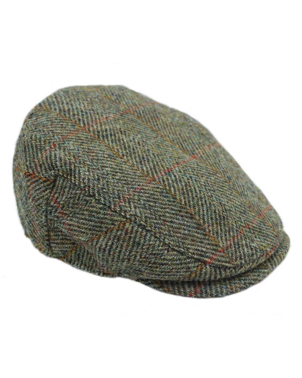 Sage Coloured Heather Highland Harris Tweed Flat Cap On A White Background 