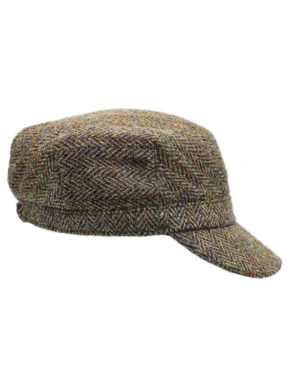 Green Brown Herringbone Coloured Heather Rhona Harris Tweed Cadet Cap On A White Background 