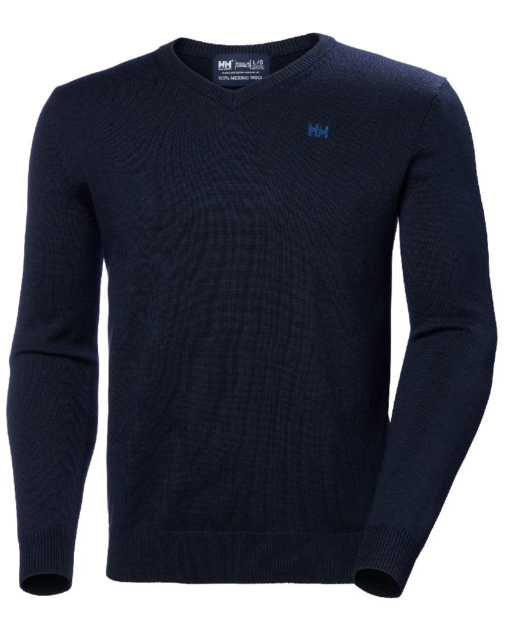 Navy coloured Helly Hansen Mens Shore Merino Sweater on White Background 