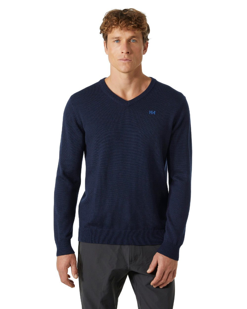 Navy coloured Helly Hansen Mens Shore Merino Sweater on White Background 