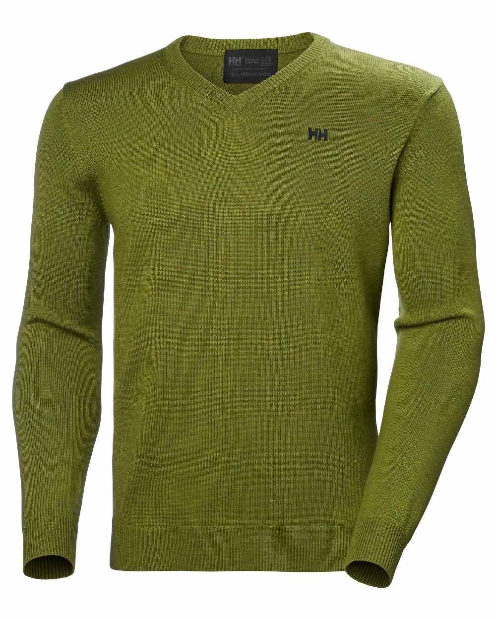 Olive Green coloured Helly Hansen Mens Shore Merino Sweater on White Background 