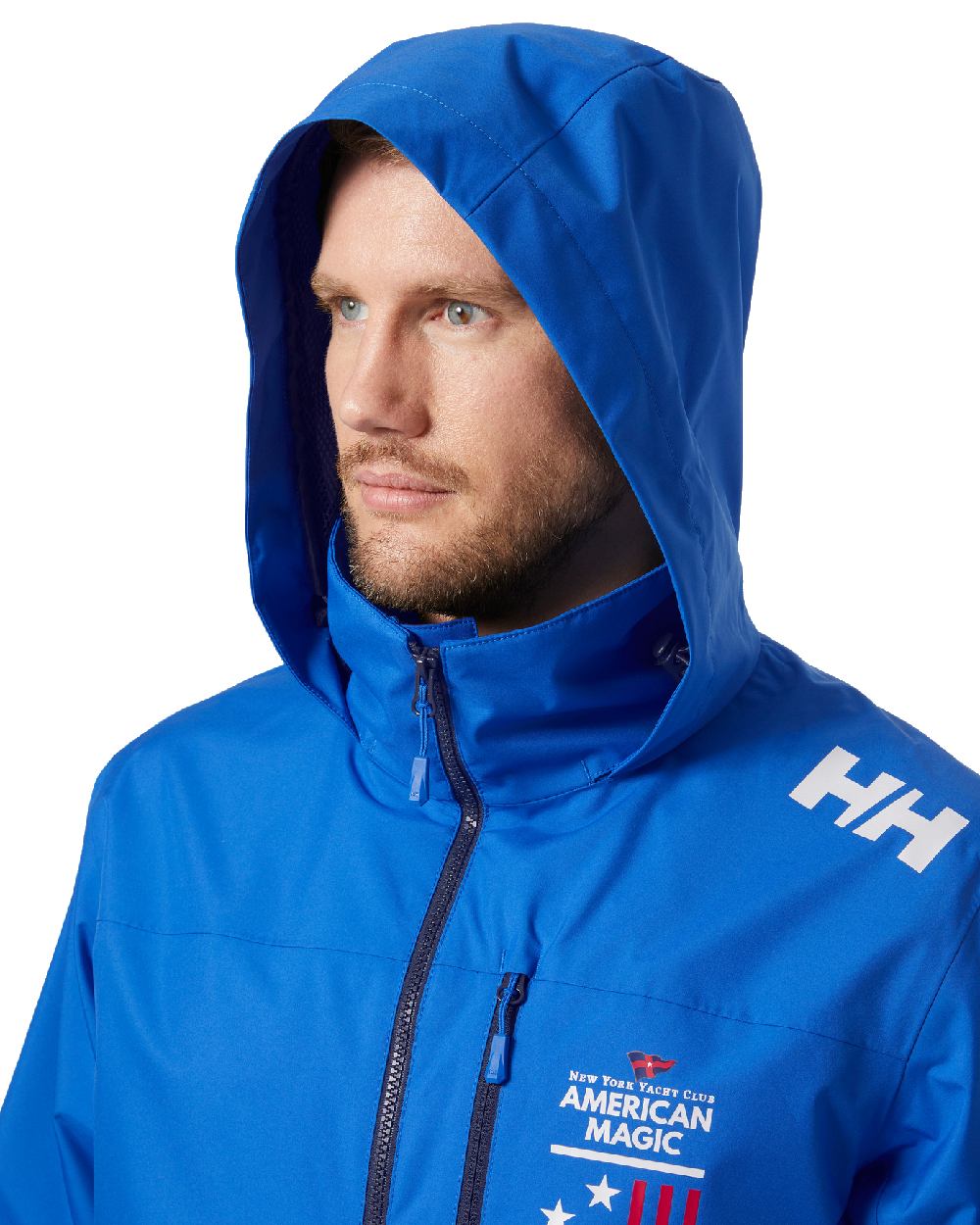 Cobalt 2.0 coloured Helly Hansen American Magic Crew Hooded Jacket 2.0 on white background 