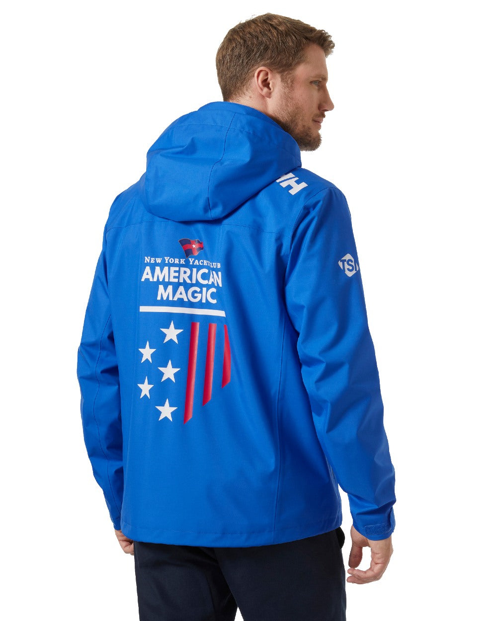 Cobalt 2.0 coloured Helly Hansen American Magic Crew Hooded Jacket 2.0 on white background 