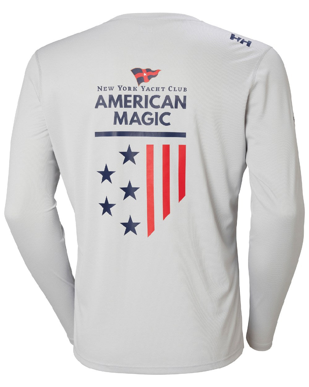 AM Grey Fog coloured Helly Hansen American Magic Technical Crew Long Sleeve Shirt on white background 