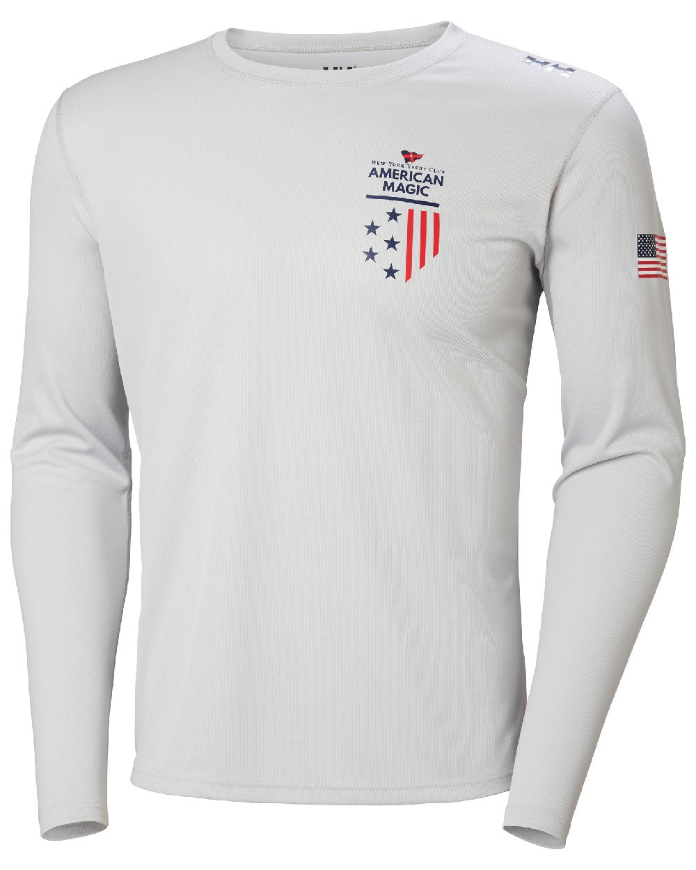 AM Grey Fog coloured Helly Hansen American Magic Technical Crew Long Sleeve Shirt on white background 