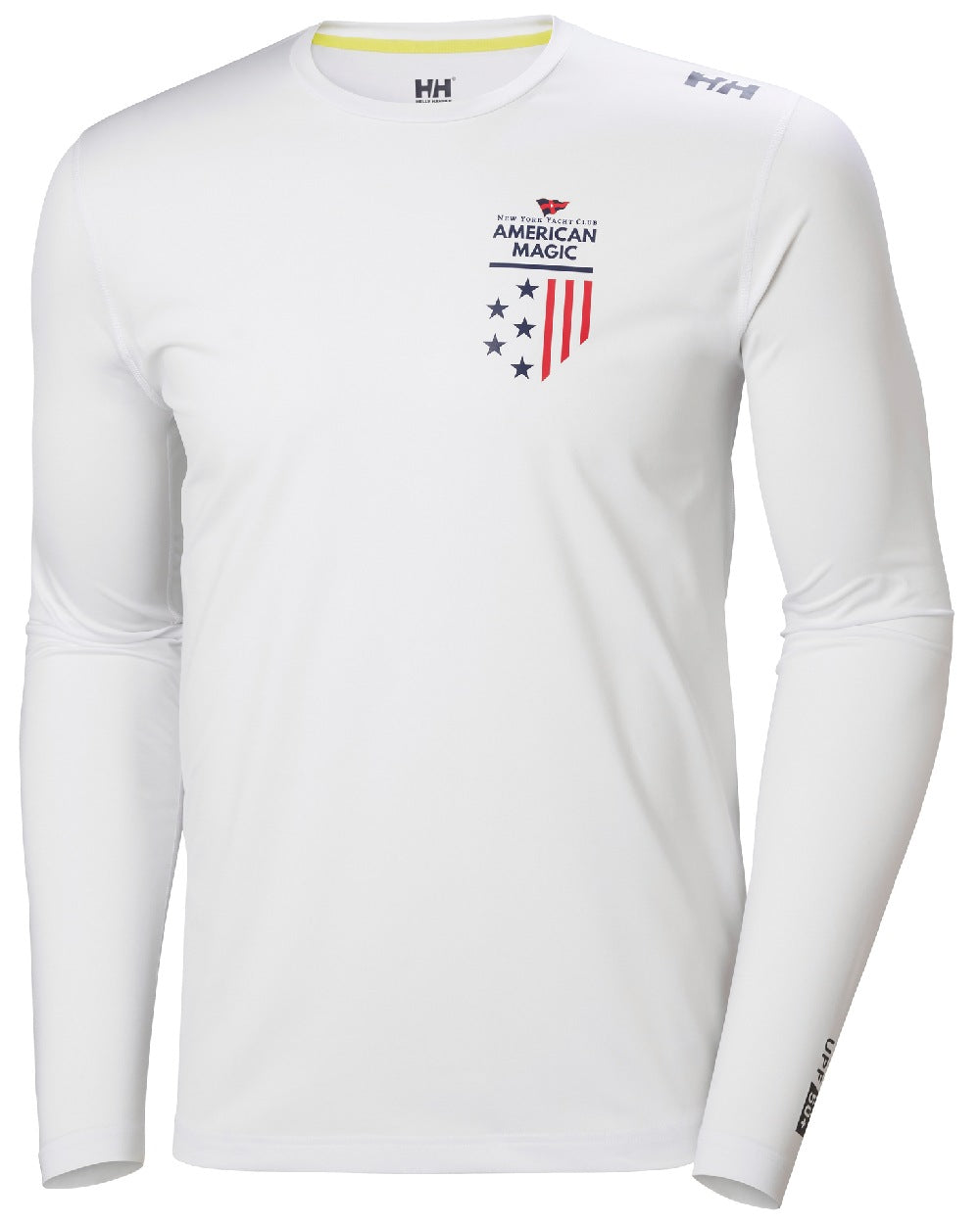 White coloured Helly Hansen American Magic UPF Tech Long Sleeves Shirt on white background 