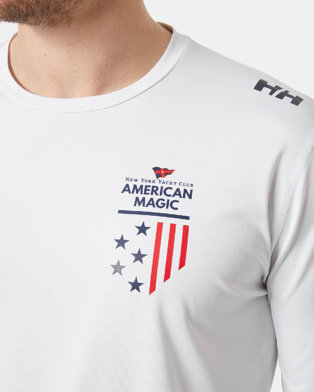 White coloured Helly Hansen American Magic UPF Tech Long Sleeves Shirt on grey background 