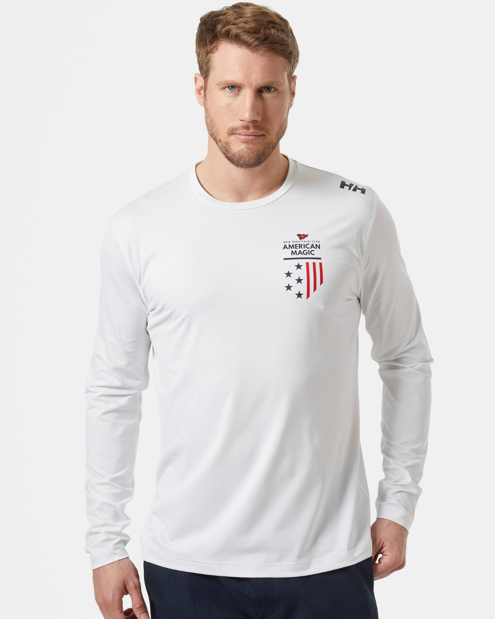 White coloured Helly Hansen American Magic UPF Tech Long Sleeves Shirt on grey background 