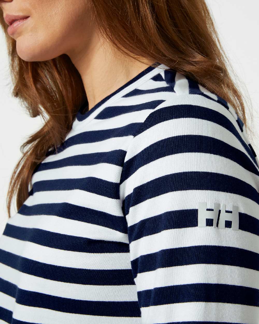 Navy Stripe coloured Helly Hansen Womens Arctic Ocean Long Sleeve T-Shirt on grey background 