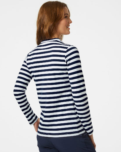 Navy Stripe coloured Helly Hansen Womens Arctic Ocean Long Sleeve T-Shirt on grey background 