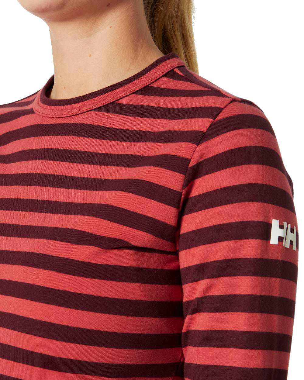 Poppy Red coloured Helly Hansen Womens Arctic Ocean Long Sleeve T-Shirt on white background 