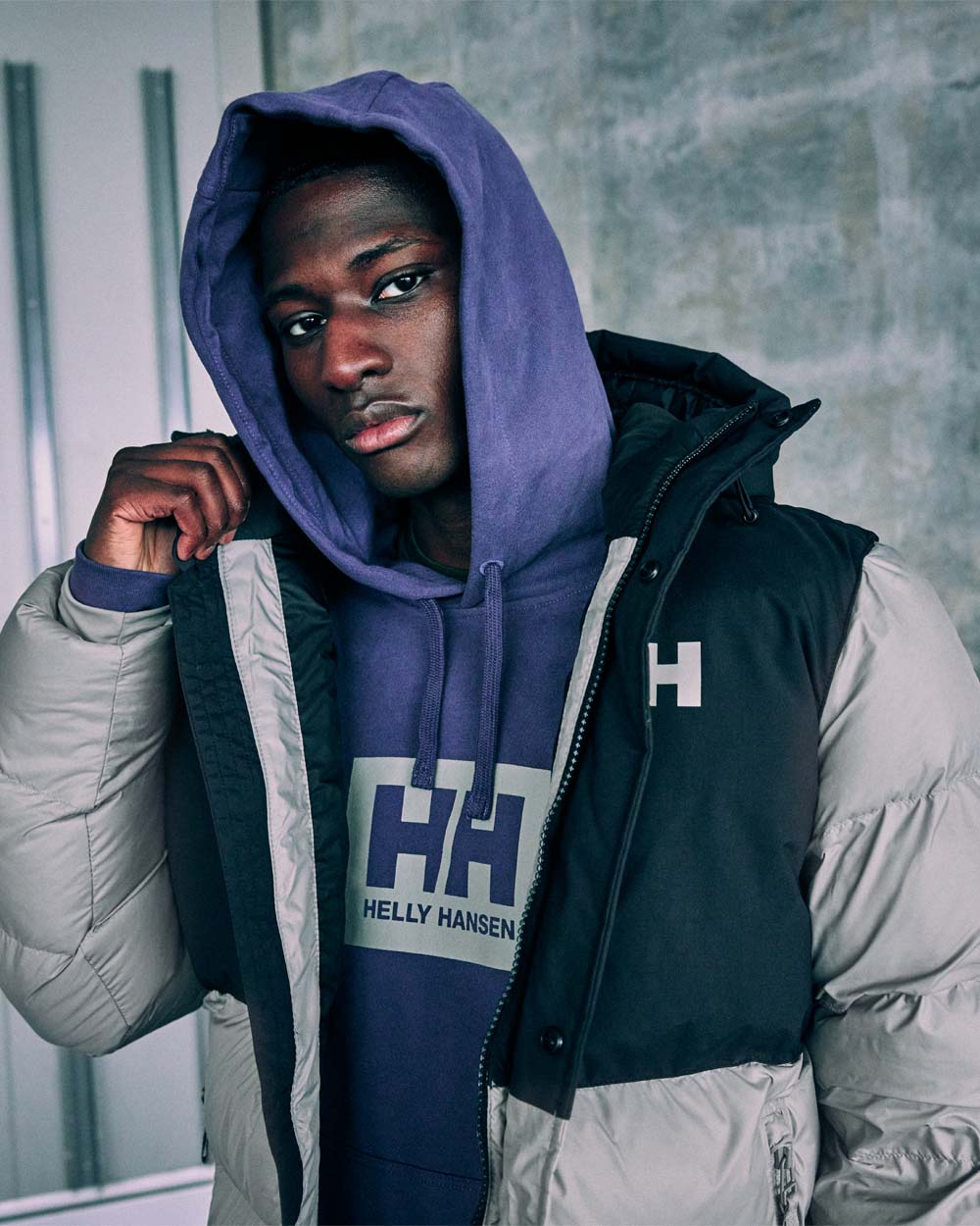 Dusty Purple coloured Helly Hansen Box Hoodie on Urban background 