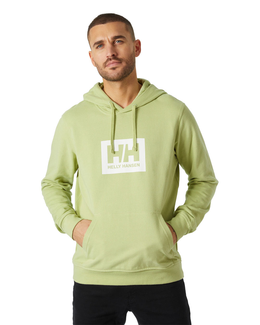 Iced Matcha coloured Helly Hansen Box Hoodie on White background 