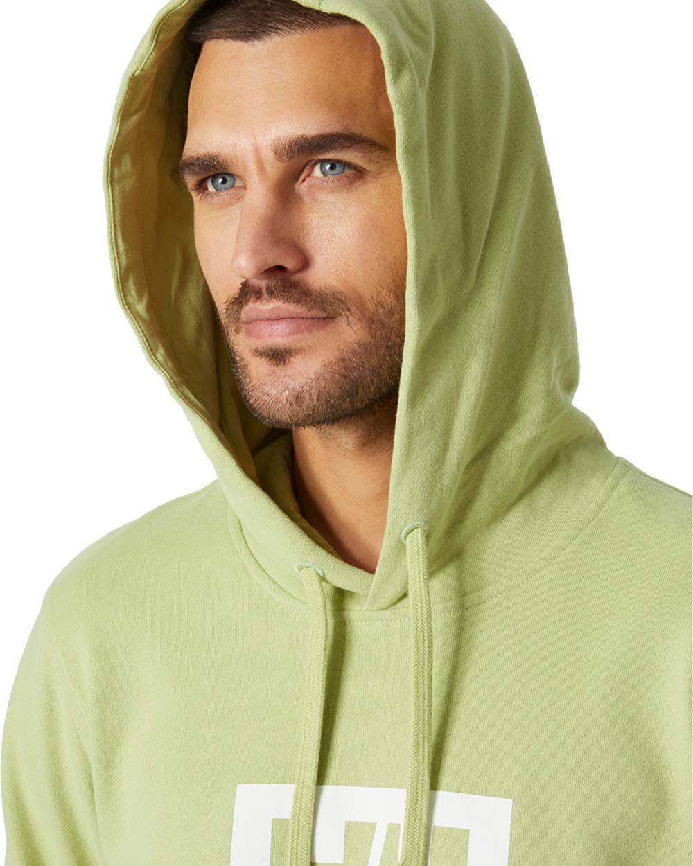 Iced Matcha coloured Helly Hansen Box Hoodie on White background 