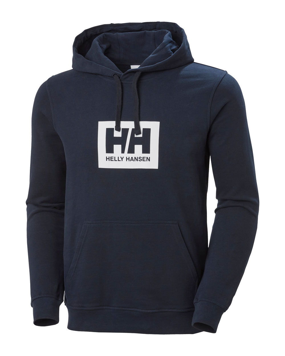 Navy coloured Helly Hansen Box Hoodie on White background 