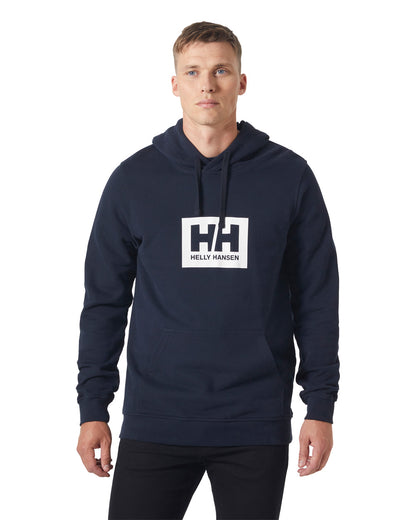 Navy coloured Helly Hansen Box Hoodie on White background 