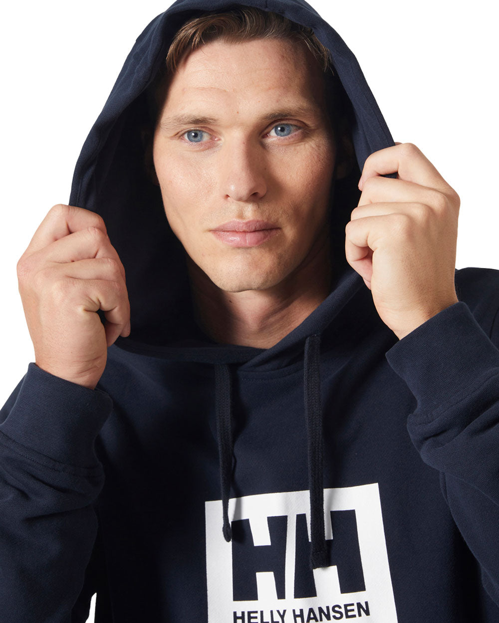 Navy coloured Helly Hansen Box Hoodie on White background 