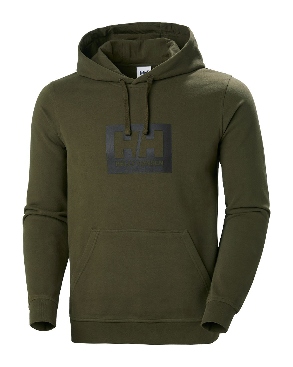 Utility Green coloured Helly Hansen Box Hoodie on White background 