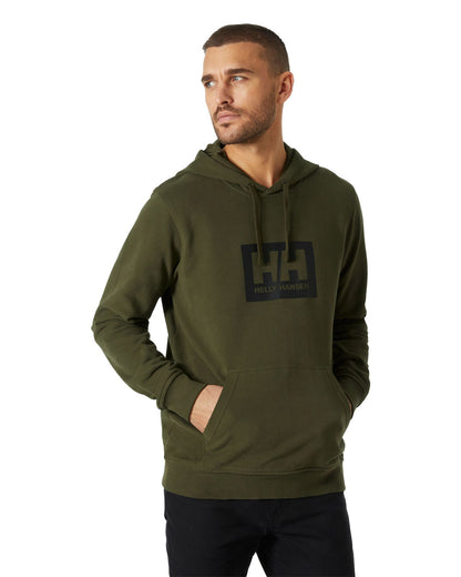 Utility Green coloured Helly Hansen Box Hoodie on White background 