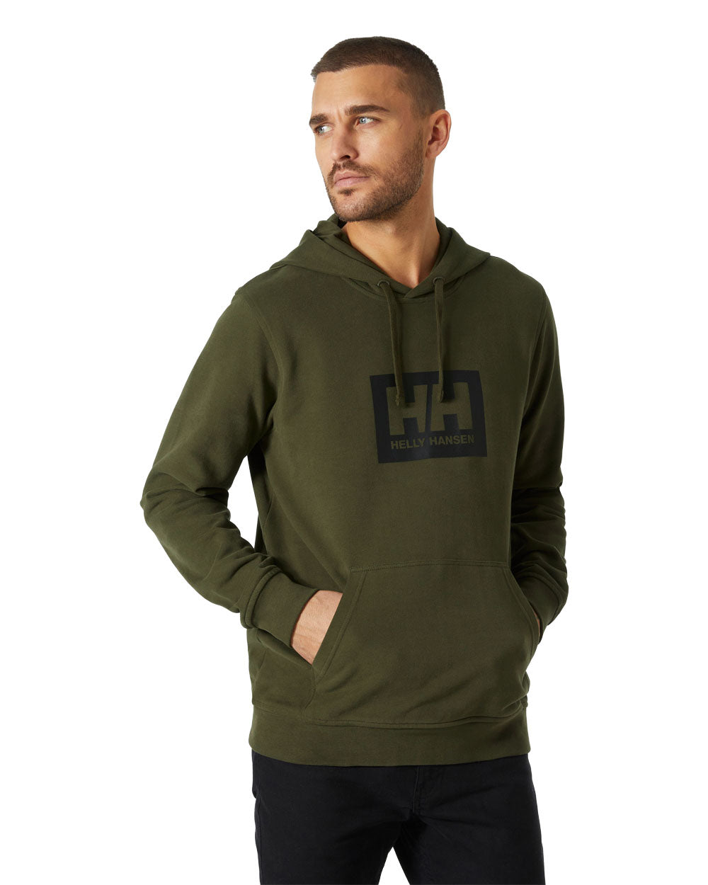 Utility Green coloured Helly Hansen Box Hoodie on White background 