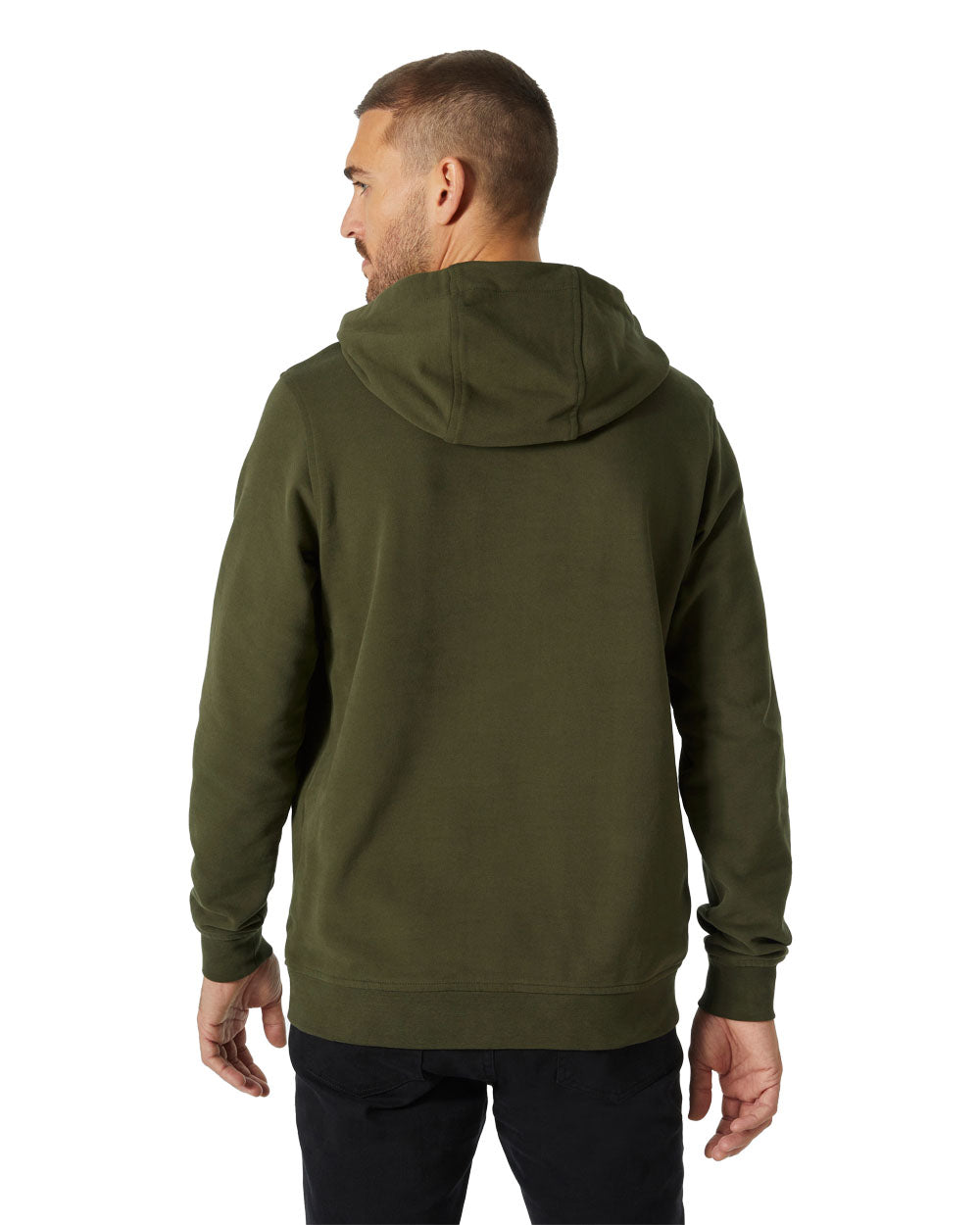 Utility Green coloured Helly Hansen Box Hoodie on White background 