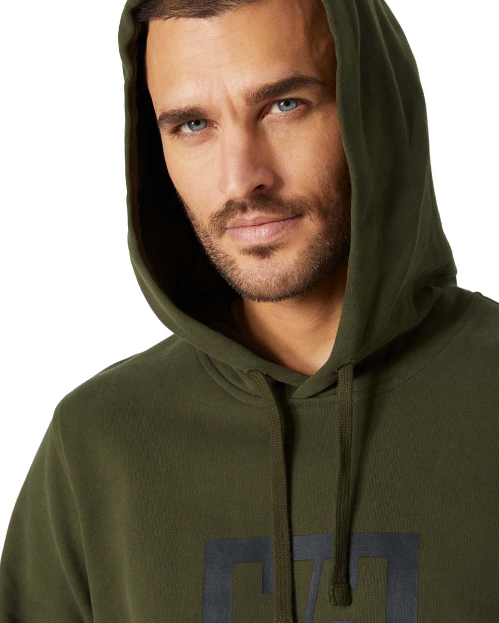 Utility Green coloured Helly Hansen Box Hoodie on White background 