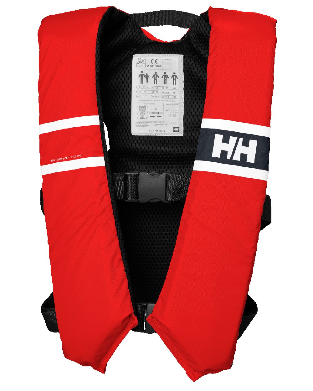 Alert Red coloured Helly Hansen Comfort Compact 50N Life Vest on white background 