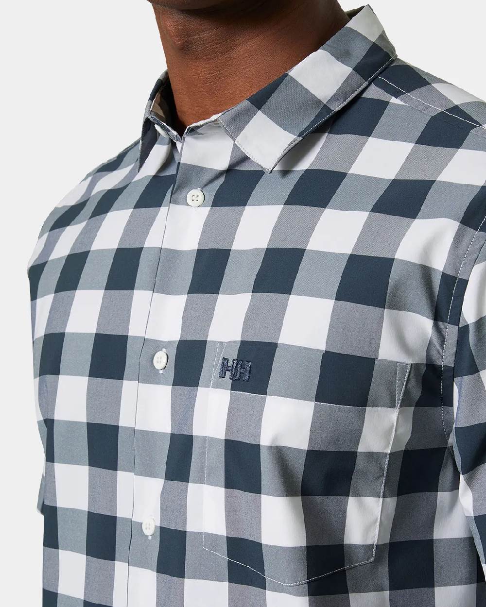 Navy Gingham coloured Helly Hansen Mens Fjord Quick Dry Short Sleeves Shirt 2.0 on grey background 