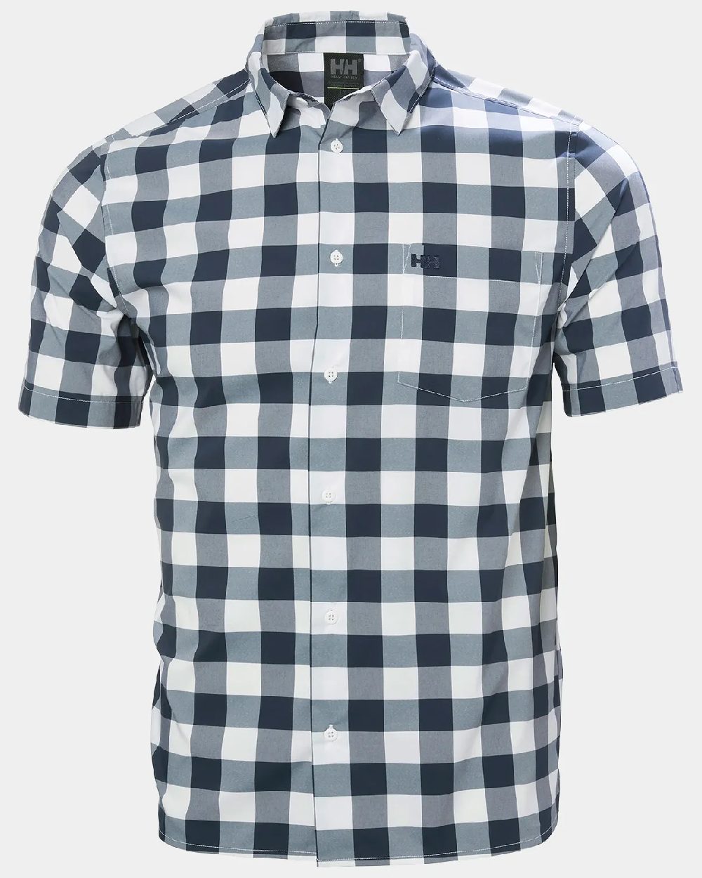 Navy Gingham coloured Helly Hansen Mens Fjord Quick Dry Short Sleeves Shirt 2.0 on grey background 