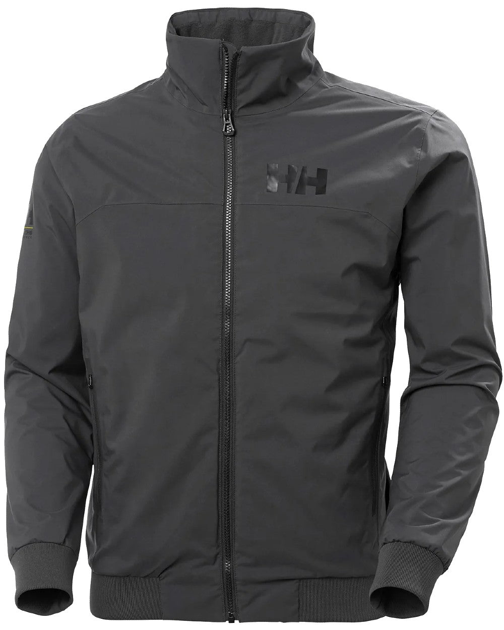 Ebony coloured Helly Hansen Mens HP Racing Lifaloft Bomber Jacket on white background 