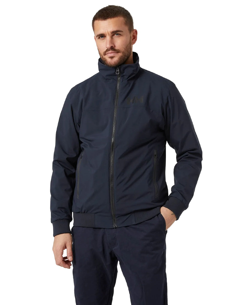 Navy coloured Helly Hansen Mens HP Racing Lifaloft Bomber Jacket on white background 