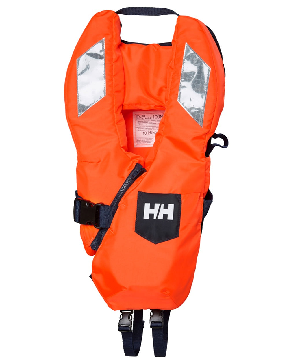 Fluor Orange coloured Helly Hansen Kid Safe Plus Life Jacket on white background 