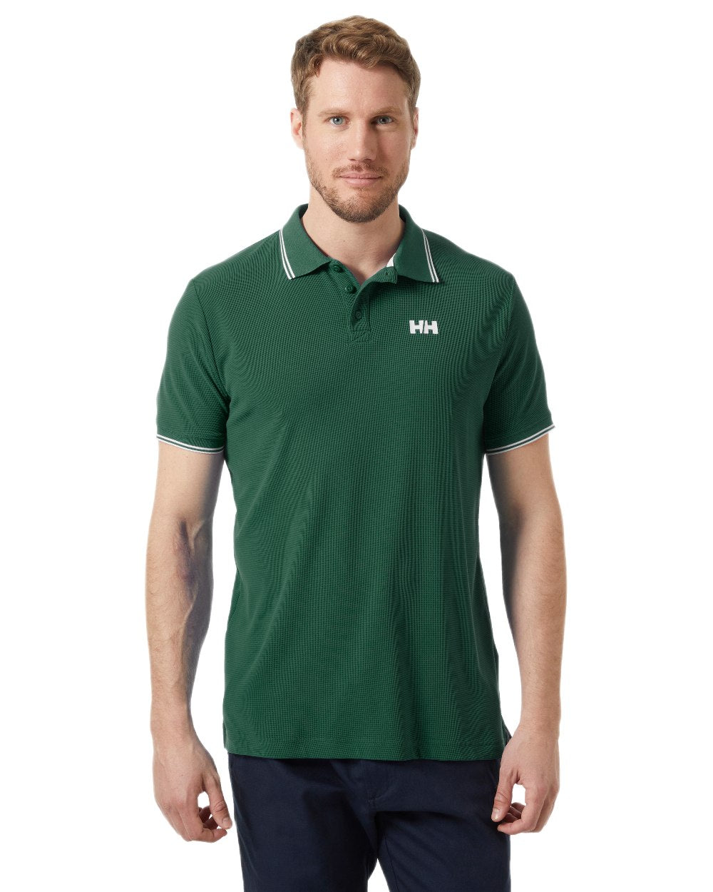 Jungle Green Coloured Helly Hansen Kos Polo Shirt on White Background
