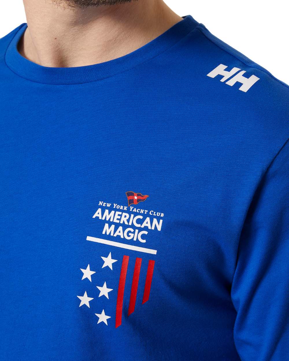 Am Cobalt 2.0 coloured Helly Hansen Mens American Magic Cotton T-Shirt on white background 